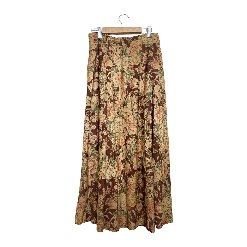 Lizsport Petite Floral Maxi Skirt Womens 4P‎ Burgundy Rayon Vintage Cottagecore
